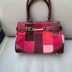 Beautiful Multicolored Eye Catching Red Square Satchel With Detachable Handle, Designer Burgundy Rectangular Bag, Designer Red Square Satchel, Coach Square Leather Bag, Designer Burgundy Bag With Handles, Designer Burgundy Shoulder Bag With Double Handle, Red Square Satchel With Top Carry Handle, Luxury Multicolor Coach Bag, Coach Red Satchel With Detachable Handle