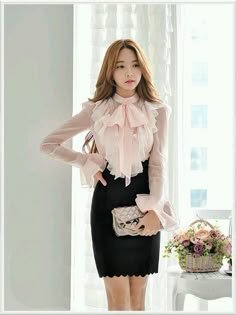 PARK SOO YEON 03 Long Sleeve Chiffon Dress, Park Soo Yeon, Chiffon Long Sleeve, Ruffle Collar, Looks Chic, Beautiful Blouses, Long Sleeve Shirt Dress, Pink Blouse, Office Fashion