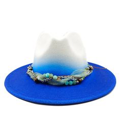 Colorful Brim Fedora Hat with Pearl Hatband-Hats-Innovato Design-Blue-Innovato Design Western Style Fedora For Spring Party, Adjustable Short Brim Fedora For Parties, Adjustable Brimmed Fedora For Parties, Adjustable Flat Brim Party Hat, Trendy Adjustable Blue Fedora, Wide Brim Fedora For Party, Blue Fedora One Size Fits Most For Summer, Party Fedora With Brimmed Shape, Bohemian Fedora With Short Brim For Party