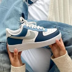 I take Air Force ones and make them more personal! I stick with solid colors but if you want a design or anything write me first and I can let you know if I can do it or not! Costume Air Force, Dr Shoes, Nike Fashion Shoes, Preppy Shoes, Pretty Shoes Sneakers, All Nike Shoes, Custom Air Force 1, Dark Blue Grey, Cute Nike Shoes