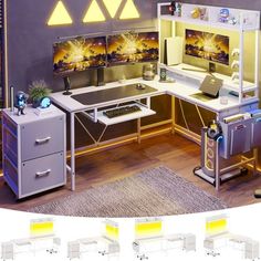 an image of a computer desk with yellow lights