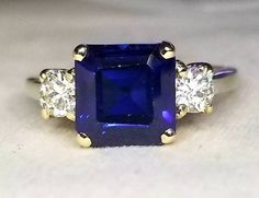 Vintage 14k Gold Ring 3.65CT. Natural Blue Sapphire Emerald | Etsy Formal Square Cut Sapphire Ring, Gia Certified Square Cut Sapphire Ring, Elegant Gia Certified Square Cut Sapphire Ring, Formal Square Cut Sapphire Ring With Accent Stones, Gia Certified Square Cut Sapphire Ring For Formal Occasions, Classic Blue Radiant Cut Sapphire Ring, Rectangular Sapphire Ring With Prong Setting, Rectangular Sapphire Ring With Accent Stones For Formal Occasions, Formal Rectangular Sapphire Ring With Accent Stones