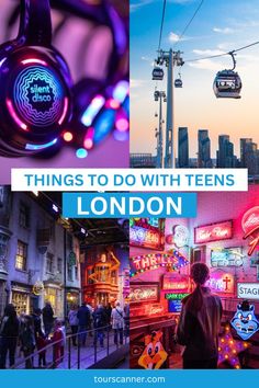 things to do with teens in london, including the ferris wheel and neon lights at night