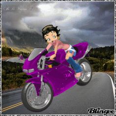 a digital painting of a person riding a purple motorcycle on the road with dark clouds in the background