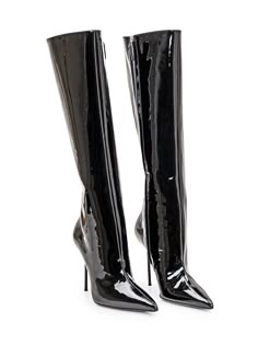 Black patent leather pointed boot. Stiletto heel. Zip closure. Sole with logo. Composition: Outside:, 100% Leather Lining:, 100% Leather Sole:, 100% Leather | Paris Texas Women's Lidia Boot in Black | SS24 Chic Glossy Finish Boots For Parties, Glossy High Heel Party Boots, Glossy Finish High Heel Party Boots, Glossy Party Boots, Sleek Glossy Boots For Evening, Sleek Glossy Finish Evening Boots, Luxury Patent Leather Heeled Boots For Party, Luxury High Heel Patent Leather Knee-high Boots, Evening High Heel Patent Leather Knee-high Boots