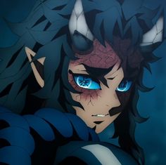 an anime character with blue eyes and horns