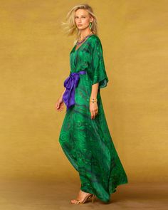 Regina Belted Silk Kaftan in Precious Malachite Short Kaftan, Casual Luxe, New Canaan, Silk Kaftan, Purple Accents, Romantic Dress, Silk Slip, Green Stone, Small Waist