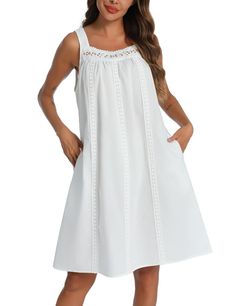 PRICES MAY VARY. 100% Cotton Night Gowns - Womens nightgown has a sleeveless silhouette, square neckline, a tank type shoulder design, it is knee length and provides modest coverage, it is not see through Delicate Embroidery Details - Ladies cotton nightgown features delicate embroidery along the neckline, the embroidered detail is cute and nice, they are carefully sewn and embroidered, with a facing (extra layer of material) on the inside of the cotton nightgown, skin friendly and soft Two Side Solid Sleeveless Nightgown For Bedtime, Solid Color Sleeveless Nightgown For Bedtime, Sleeveless Nightgown For Summer Loungewear, Sleeveless Summer Night Sleepwear, Summer Sleeveless Sleepwear, Sleeveless Dress For Night Occasion, Sleeveless Solid Color Summer Sleepwear, Solid Summer Sleepwear For Home, Summer Daywear Nightgown With Spaghetti Straps