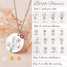 Combined Birth Flower Bouquet Necklace is perfect for everyday wear. Simply stylish and comfortable. Great for layering. Can engrave names, date or meaning words on back  and can custom a birthstone. Build Your Own Bouquet flower necklace and show off your personality. The stainless steel Disc necklace is available in silver, gold, and rose gold.  Birth flower necklace is a wonderful and unique gift idea to show the important people in your life with a cute, dainty, and creative gift. This personalized necklace makes a perfect mothers day gift for mothers or grandma. It is also a unique gift for new mom. Our jewelry pieces come equipped with everything you need for gifting, a gift box included with every purchase at no additional cost. --How to Order-- [In Drop Down Menu] 1. Choose color o Build Your Own Bouquet, Meaning Words, Birth Flower Bouquet, Birth Flower Necklace, Personalized Family Gifts, Flowers Tattoo, Bouquet Flower, Month Flowers, Mother Birthday Gifts