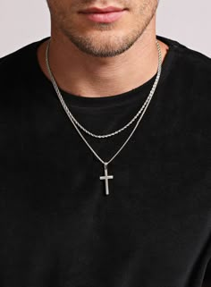 Necklace Set: Silver Rope Chain and Large Silver Cross Necklaces WE ARE ALL SMITH: Men's Jewelry & Clothing. Man With Cross Necklace, Mens Silver Cross Necklace, Mens Cross Necklace Gold, Men’s Necklaces, Cross Chain Men, Cross Necklace Mens, Chain Cross Necklace, Male Necklace, Cross Necklace Men