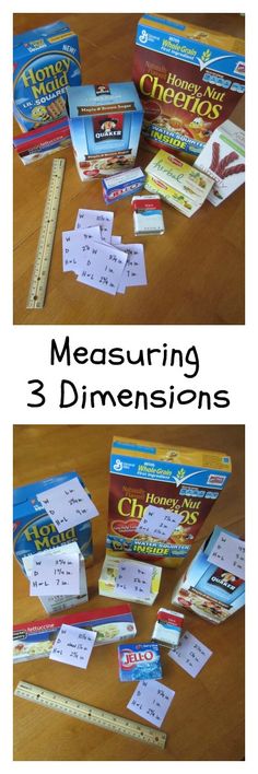 three different pictures with the words measuring, 3 dimensionals and 4 numbers on them