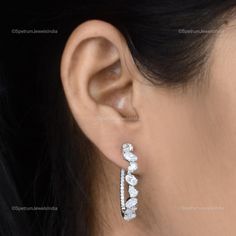 "Make yourself trendy and stylish with this 18k White Gold Earrings glittering with Diamond that will add majestic charm and elegance to your look. Exquisitely designed, this Earrings will provide you a classy look. ✧✧Welcome To Our Shop Spectrum Jewels India✧✧ \"\"Astonishing 18k White Gold Natural Brilliant Cut Diamond Earrings, Beautiful Bridal Hoop Earrings, Anniversary Jewelry Gift For Wife\"\" ★PRODUCT SPECIFICATION★ * ITEM CODE - SEE-1911A * METAL - 18k White Gold * 18k White Gold Weight : 5.95 gm  * GROSS WEIGHT - 6.69 gm Approx * MAKING - Handmade ★MAIN STONE DETAILS★ * STONE NAME:- Diamond * STONE SHAPE:- Pear * DIAMOND WEIGHT:- 3.71 Carat * AVERAGE DIAMOND CLARITY :- SI1-S2  * DIAMOND COLOR :- H-I * SETTING USED:- Prong * STONE COLOR:- White * STONE TREATMENT:- Natural ≫ FAQ bel Fine Jewelry Teardrop Hoop Earrings For Anniversary, White Cubic Zirconia Hoop Earrings For Wedding, Teardrop Hoop Earrings For Anniversary In Fine Jewelry Style, Anniversary Teardrop Hoop Earrings In Fine Jewelry Style, Diamond Cut Bridal Earrings For Anniversary, Dazzling Cubic Zirconia Hoop Earrings For Wedding, White Cubic Zirconia Hoop Earrings For Party, White Cubic Zirconia Hoop Diamond Earrings, Luxury Teardrop Hoop Earrings For Anniversary