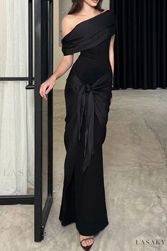 Lasaky - Formal Event Dresses featuring Oblique Collar Style Elegant Long Dresses Evening, Black Draped Prom Dress, Black Tie Outfits, Long Sleeve Elegant Dresses, Occasion Dresses Wedding Guest, Beautiful Prom Dresses, Black Evening Dresses, Hip Dress, Evening Party Dress