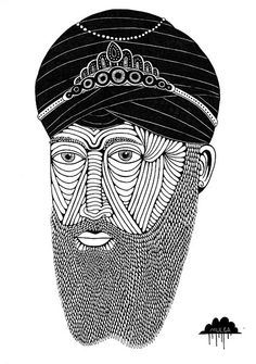 a black and white drawing of a man with a beard wearing a turban