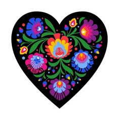 a black heart with colorful flowers on it