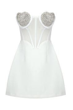 Details   Mini dress in innocent white with A-silhouette skirt. The dress features a boned mesh bodice, curved hemline and elastic back, ensuring a comfortable and form-fitting look. The padded cups are adorned with a hand-crafted heart-shaped crystal embellishment, adding a touch of glamour. The dress is fastened with a concealed side zipper closure and hook and eye, ensuring a seamless finish. Fully lined. Crafted to perfection for your special day, this dress radiates elegance and grace.   Si Party Mini Dress, Heart Dress, Gothic Dress, Body Sculpting, Ykk Zipper, Fashion Event, White Sleeveless, Tube Dress, Boho Maxi Dress