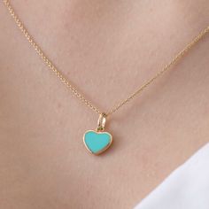 This elegant turquoise heart necklace is crafted with 14k solid gold, embodying timeless beauty and sophistication. Its minimalist design, combined with the finest craftsmanship, makes it a perfect piece for everyday wear or a meaningful gift for a loved one. This necklace is crafted with real 14k solid gold(not plated, not vermeil, not gold filled) You don't need to worry about water, perfume or conditioner contact since real gold doesn't tarnish. The center is hand applied turquoise color enam Elegant Turquoise Necklace With Heart Charm, Blue 14k Gold Heart Pendant Jewelry, Elegant Turquoise Heart Necklace For Gift, Elegant Turquoise Necklace For Everyday Wear, Turquoise Necklace For Everyday Elegance, Elegant Turquoise Necklace For Everyday, Elegant Turquoise Heart-shaped Jewelry, Elegant Turquoise Heart Cut Jewelry, Turquoise Heart Necklace