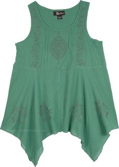 Whether a casual day out or date night, this spring leaf green top can style every event you have planned.  Featuring a round neckline, asymmetrical hem, and an embroidered bust and hem, this sleeveless top is an effortless piece. #tlb #Sleeveless #Embroidered #XLPlus #Misses #Handkerchief #beachwrap #Solid #WesternSkirts Embroidery Shark, Spring Leaf, Western Skirts, Green Tunic, Hippie Look, Sleeveless Tops Summer, Trendy Skirts, Scarf Shirt, Shark Bites