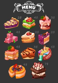 a bunch of different types of desserts on a black background with the words menu