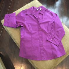 Dark Jewel Toned Purple, 3/4 Sleeve, Hidden Button, Cotton/Polyester/Spandex Blend Blouse. Nwot Pit To Pit 21” Length 25” Lady Riders, Button Down Blouse, Color Purple, Polyester Spandex, Button Down Shirts, Button Downs, Button Down Shirt, Spandex, Purple