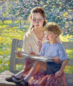 a painting of two children sitting on a bench looking at a book in front of them