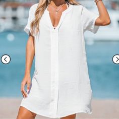 Brand New In Bag. Chic Split Neck Mini Dress For Beach, Summer Mini Dress With Split Neck, Chic Split Neck Mini Dress For Vacation, Chic Mini Dress With Split Neck For Vacation, Solid Shift Mini Dress For Beach, Beach Mini Dress With Split Neck, White Beach Dress With Notched Neckline, White Split Neck Mini Dress For Summer, White Mini Dress With Split Neck For Summer