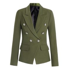 The classic and simple lines of this viscose blend sand cady double-breasted jacket are overturned by retro details. Its tight-fit, concave shoulders and the large lapel remind of Bianca Jagger’s 70’s style. Metal jewel buttons fastening. Two flap pockets. Jungle-print lining. Young Professional Outfits Casual, Green Suit Jacket, Young Professional Outfits, Black And White Office, Designer Shawl, Short Coats Women, 70’s Style, Ladies Blazer, Clothing Optional