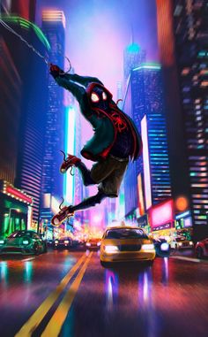 the amazing spider - man is flying through the air in front of some cars and neon lights