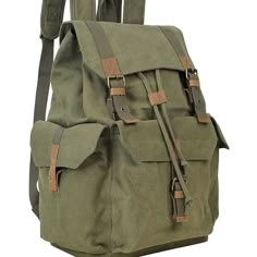 Dimension: 15 * 10.5 * 8" Laced-Up Closure Under Flap Over Panel Three Outside Flap Over Button Closure Pockets Internal Zipper Pocket Vintage Brass Fitting Hardware;16oz Durable Thick Canvas Green Canvas Backpack, Sport Canvas, Green Backpacks, Estilo Hippy, Dimension 20, Zero Tolerance, Classic Backpack, Canvas Backpack, Cute Bags