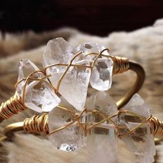 Crystal Point Clear Quartz 18K Gold Wrapped Cuff Bangle Bracelet Raw Stone Bracelet, White Quartz Crystal, Brass Cuff, Precious Gemstones Jewelry, Wire Wrapping Crystals, Wire Wrapped Bracelet, Open Bangle, Cuff Bangle Bracelet, Rustic Jewelry