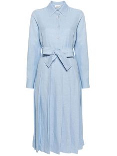 blue classic collar short front button fastening long sleeves buttoned cuffs pleated skirt detachable waist belt straight hem unlined calf-length Blue Spirit, Pleated Shirt Dress, Pleated Shirt, Vestido Casual, Sewing Clothes, Fall Dresses, Waist Belt, Dress Patterns, Hugo Boss