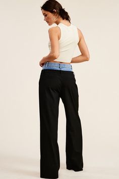 Introducing our one-of-a-kind Billie Trousers, where casual meets dressy in perfect harmony.These trouser pants are designed with a unique Peek-a-boo denim wash waistband that adds a playful twist to the sophisticated pinstripe pattern. Complete with functioning front pockets and belt loops on both the denim and pants, they seamlessly blend style and practicality. Fabric & fit: SELF: 69% POLYESTER 29% RAYON 2% SPANDEXCONTRAST: 100% COTTONModel is wearing size Small. Facebook Black, Pinstripe Pattern, Perfect Harmony, Swimwear Sale, Peek A Boo, Trouser Pants, Denim Wash, Trousers, Twist