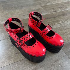 Black Spikes Straps Around The Ankle And Middle Section Rubber Sole Shiny Plastic Like Material But Flexible Style: Kaos Mj Never Worn Dolls Kill Shoes, Red Platform, Spike Shoes, Dream Closets, Jane Shoes, Shoes Color, Wearing Red, Mary Jane Shoes, Dolls Kill