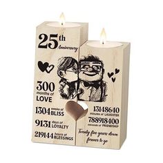 two wooden blocks with candles in the shape of people and numbers on them, one has a heart