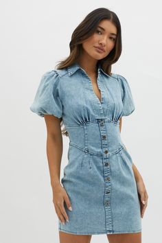 Shop the South Beach Puff Sleeve Collared Mini Dress Denim | Selfie Leslie Mini Denim Dress, Collared Mini Dress, Short Balloon Sleeves, Yellow Bridesmaid Dresses, Beach Mini Dress, Dress Denim, Split Maxi Dress, Lace Bodycon Dress, Denim Mini Dress