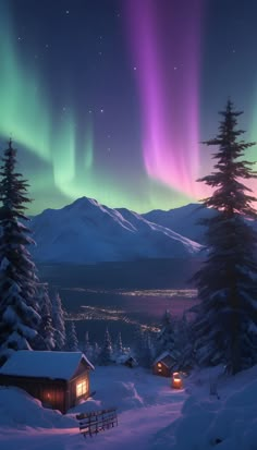 the aurora lights shine brightly over a cabin in the snow with mountains and trees behind it