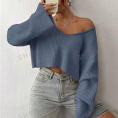 Brand New, Have Not Worn, It Is Very Soft And Thick Material! A Great Sweater And Will Definitely Keep You Warm Too. Cute Crop Sweaters, Blue Off Shoulder Sweater, Sweater Outfits V Neck, Statement Sweaters, Crop Sweaters, Cropped Sweaters, Clothes Fall, Knit V Neck, Crop Top Casual