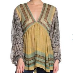 Free People Aliyah Semi Sheet Blouse Size Medium Brand New With Tags Oversized Flowy Fit V Neck Polyester/ Woven With Metallic Fibers Offers Welcomed Green Boho Print Long Sleeve Top, Green Long Sleeve Top With Boho Print, Casual Yellow Tunic Blouse, Green Long Sleeve Boho Print Top, Yellow Long Sleeve Printed Top, Yellow V-neck Blouse For Fall, Flowy Yellow Bohemian Blouse, Mustard V-neck Beach Top, Mustard Bohemian Top