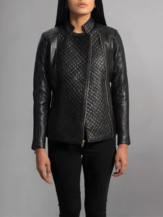 Elevate your outerwear game with the Orient Grain Quilted Black Leather Biker Jacket. Crafted to perfection, this jacket seamlessly blends style and functionality, making it a standout piece in any wardrobe. Crafted from premium quality leather, this jacket boasts a rich black hue that exudes timeless sophistication. The orient grain texture adds depth and character to the jacket, giving it a luxurious feel and a unique look that sets it apart from the rest. The standout feature of this jacket is its quilted detailing, which adds a touch of classic charm to the modern biker silhouette. The intricate stitching not only enhances the jacket's aesthetic appeal but also provides extra warmth and comfort, making it the perfect choice for cooler weather. Whether you're hitting the open road on yo Luxury Winter Biker Jacket With Zipper Closure, Black Quilted Biker Jacket For Fall, Luxury Black Quilted Jacket, Luxury Black Biker Jacket For Fall, Luxury Black Leather Jacket With Zipper Closure, Luxury Black Leather Jacket With Zipper, Luxury Biker Jacket With Asymmetrical Zip For Fall, Trendy Black Quilted Jacket For Fall, Luxury Asymmetrical Zip Biker Jacket For Fall