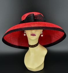 "✿*.Key Features.*✿ This is a Audrey Hepburn Style Hat. 19.75\"(50cm) extra wide brim, the widest stiff brim hat in my store! I have same style, but with feather flowers. Just search the same product code, you will find them, very beautiful! Great for Kentucky derby, weddings, church, Easter, Royal Ascot, horse races, cocktails, tea party, or any hat wearing occasion. Hat base size: From front to back: 19.75\" (50cm) From left to right: 19.75\" (50cm) Wide brim Appr: 7~7.5\"\" Head girth: 22.5\" Red Fedora With Curved Brim For Formal Occasions, Wide Brim Straw Hat For Royal Ascot Races, Wide Brim Boater Hat For Kentucky Derby, Wide Brim Sun Hat For Royal Ascot Races, Short Brim Top Hat For Races, Wide Brim Sun Hat For Races, Curved Brim Top Hat For Kentucky Derby, Classic Curved Brim Hat For Races, Red Brimmed Fedora For Formal Occasions