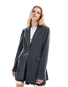 ASOS DESIGN cut out back blazer in charcoal | ASOS Chic Gray Blazer With Pockets, Gray Single Button Blazer For Office, Gray Office Blazer With Pockets, Gray Single-button Blazer For Office, Chic Gray Workwear Blazer, Chic Gray Blazer With Lapel Collar, Chic Gray Blazer For Workwear, Chic Gray Business Blazer, Chic Gray Blazer For Work