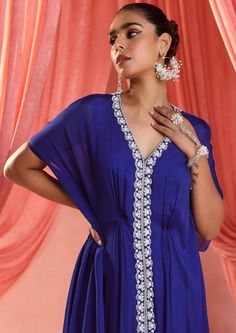 Embellished full length draped kaftan. Draped Kaftan, Custom Tailoring, Asian Fashion, Electric Blue, Custom Sizing, Full Length, Chiffon, Sleeve Length, Blue