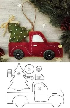 a red truck with a christmas tree on the back is next to a pine tree