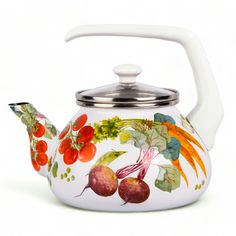 a tea pot with fruit painted on it