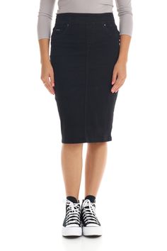 tznius black jean pencil skirt without pockets or slits Stretch Denim Knee-length Skirt, Stretch Mid-rise Denim Skirt, Trendy High Rise Stretch Skirt, Black Stretch Cotton Denim Skirt, Trendy Stretch High-rise Skirt, Fall Denim Stretch Skirt, High Rise Fitted Cotton Pencil Skirt, Casual Stretch Dark Wash Skirt, Casual High Waist Non-stretch Pencil Skirt