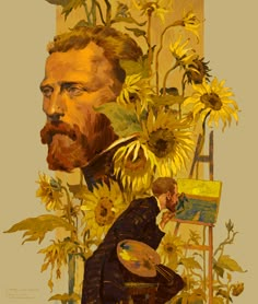 a painting of a man with sunflowers in front of him and an easel