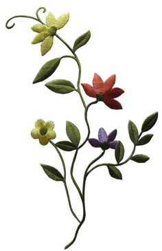 three different colored flowers with green leaves and stems on a white background in the shape of a flower