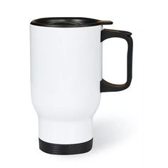 a white and black coffee mug on a white background with the lid up to show it's inner side