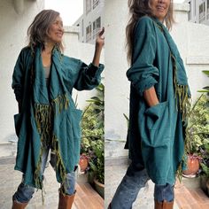 Handmade boho stone wash fringe duster. 100% cotton. color 2 tone. 2 Pockets in the front. There is a big size coconut button so can be worn 2 different ways open style Or wrap in the front. Measurements: One size fit all. Length 35 inches. Sleeve length 23 inches. CARE: Machine wash cold separate.Machine wash cold.Machine wash cold. .These kimono are made from Raw Cotton- In the process of making these kimono the cotton has to be washed and processed before it lands in its comfortable wearable state. Bohemian Spring Outerwear With Fringe, Festival Long Sleeve Outerwear With Frayed Hem, Green Bohemian Outerwear For Festival, Bohemian Outerwear With Frayed Hem For Festivals, Fall Festival Outerwear With Boho Collar, Bohemian Outerwear With Frayed Hem For Spring, Bohemian Outerwear With Natural Dye For Spring, Spring Bohemian Outerwear With Natural Dye, Bohemian Cotton Outerwear With Tassels