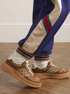 Shop GUCCI Jive Monogrammed Canvas and Leather Sneakers, Explore the latest in-season GUCCI collection today on MR PORTER Shop Gucci, Gucci Collection, Gucci Shoes Sneakers, Gucci Sneakers, Jive, Sneakers For Men, Outfits Men, Brown Canvas, Gucci Shoes